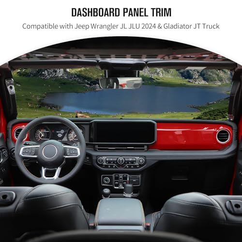 JeCar Dashboard Panel Trim Cover Center Console Decoration Kit Interior Accessories Compatible with Jeep Wrangler 2024 JL JLU & Gladiator JT Truck, Red
