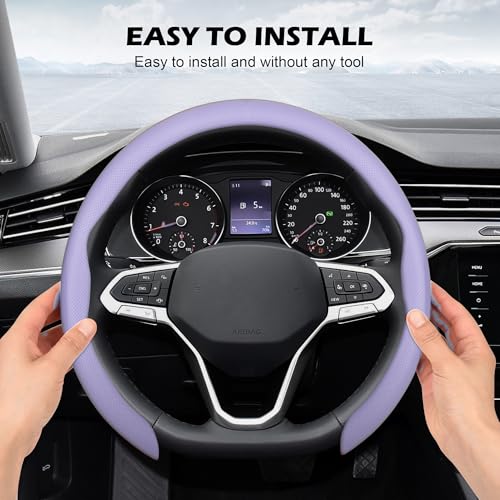 Nappa Leather Steering Wheel Cover,Universal Fit 15 Inch-Premium Non-Slip Breathable Comfort Grip for Cars Trucks SUVs,Anti-Slip Durable Interior Upgrade Light Purple - color: Light Purple