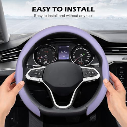 Nappa Leather Steering Wheel Cover,Universal Fit 15 Inch-Premium Non-Slip Breathable Comfort Grip for Cars Trucks SUVs,Anti-Slip Durable Interior Upgrade Light Purple - color: Light Purple