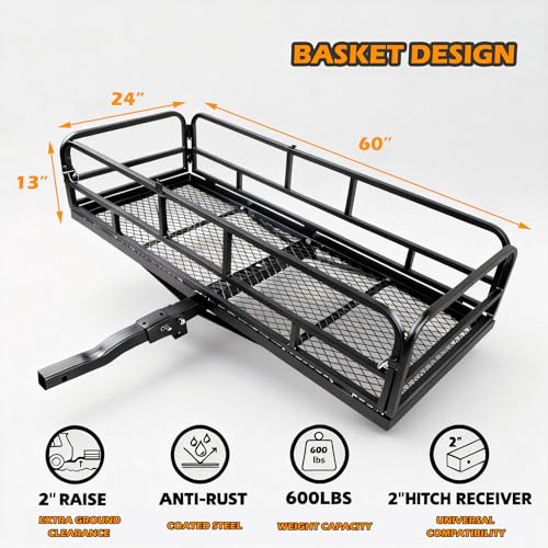 60" x 24" x 13" Hitch Cargo Carrier, 600 Lbs Heavy Duty Folding Luggage Rack for SUV & Truck, Steel Mesh Cargo Carrier Hitch Mount Fits 2" Receiver, Powder Coated Vehicle Cargo Basket - color: 60x24x13 inch