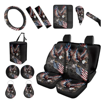 Forchrinse American Flag Bold Eagle Car Seat Covers Steering Wheel Cover Armrest Seatbelt Pads Cup Holder Keychain Gear Handbrake Cover Trash Can for Men Women Patriotic Auto Interior Set 15Pack - color: American Flag Bold Eagle