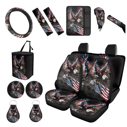 Forchrinse American Flag Bold Eagle Car Seat Covers Steering Wheel Cover Armrest Seatbelt Pads Cup Holder Keychain Gear Handbrake Cover Trash Can for Men Women Patriotic Auto Interior Set 15Pack - color: American Flag Bold Eagle
