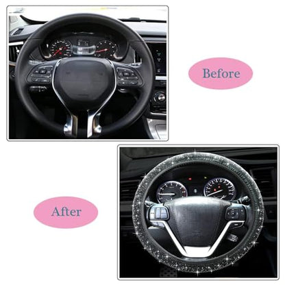 Bling Steering Wheel Cover, Crystal Rhinestone Diamond Steering Cover Universal Fit 15 inch Car Steering Wheel Protector for Women & Girl (Black)