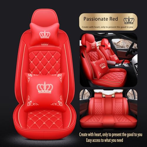 Crown Car Seat Covers Full Set, Premium Leather Waterproof Anti-Slip Automotive Interior Protector for Cars, SUVs, Pickup, Trucks & Sedans (Red) - color: Red