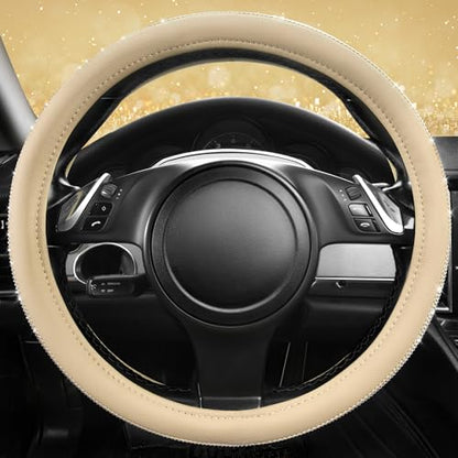 CAR PASS Bling Diamond Beige Leather Steering Wheel Cover, White Sparkly Crystal Glitter Rhinestones Universal Fit 14" 1/2-15" Car Wheel Protector for Women Girl Fit Suvs,Vans,Sedans,Trucks, Beige - color: Beige Leather