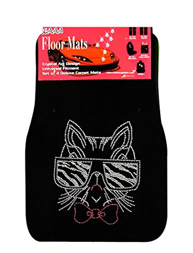 Universal Fit Car Truck Front/Rear 4-Piece Full Set Crystal Bling Rhinestone Studded Black Carpet Floor Mats (Cat Sunglass/Black) - color: Cat Sunglass/Black