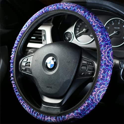 4 Pieces Mandala Purple Lotus Steering Wheel Cover Set with 2pcs Car Cup Coasters & Quarter Keyring, Cute and Fashionable Non-Slip Purple Steering Wheel Cover, Universal Fit 14-15.5 inches