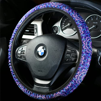 4 Pieces Mandala Purple Lotus Steering Wheel Cover Set with 2pcs Car Cup Coasters & Quarter Keyring, Cute and Fashionable Non-Slip Purple Steering Wheel Cover, Universal Fit 14-15.5 inches