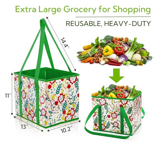 4 Pack Reusable Grocery Bags, Large Heavy-Duty Shopping Tote with Box Shape, Foldable Car Organizer Trunk Bin with Reinforced Handles Hard Bottom for Picnic, Toy, Cloth, Hold up to 50 Lbs