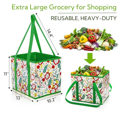 4 Pack Reusable Grocery Bags, Large Heavy-Duty Shopping Tote with Box Shape, Foldable Car Organizer Trunk Bin with Reinforced Handles Hard Bottom for Picnic, Toy, Cloth, Hold up to 50 Lbs