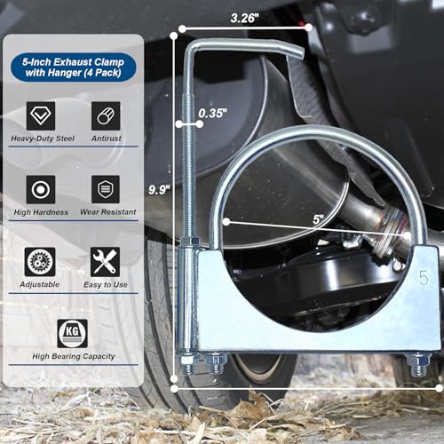 5" Heavy-Duty Exhaust Clamp with Hanger, Muffler Hanger Exhaust Hanger for Automotive (4 Pcs) - size: 5 Inch-4 PACK