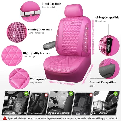 CAR PASS Hot Pink Bling Diamond Leather Car Seat Covers Full Sets, Waterproof Shining Glitter Sparkly Crystal Universal Armrest Fit for Automotive Truck SUV Cute Women Girl,Hot Pink Rhinestone - color: Pink Rhinestone-Hot, size: Full Set