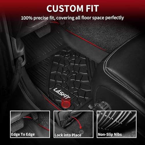 LASFIT Floor Mats for Jeep Wrangler Unlimited 4XE 2021-2024 2025 4 Door Plug-in Hybrid EV-Gas (PHEV), All Weather TPE Custom Fit Car Mats Floor Liners 1st & 2nd Row, Black - style: Wrangler 4XE 2021-2025 Floor Mats