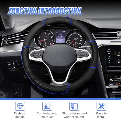 15 Inch Leather Car Steering Wheel Cover, Breathable Anti-Slip Automotive Steering Wheel Protector Accessories, Soft Comfortable Car Interior Decoration for SUV, Truck (Blue)
