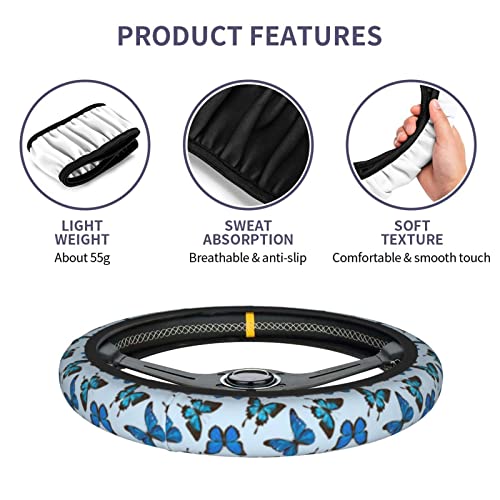 Blue Butterfly Steering Wheel Cover for Women Men with 2 Pcs Car Coasters, Universal 14.5-15 Inch Rainbow Steering Wheel Covers Non-Slip Car Accessories for Girls - color: pretty butterfly