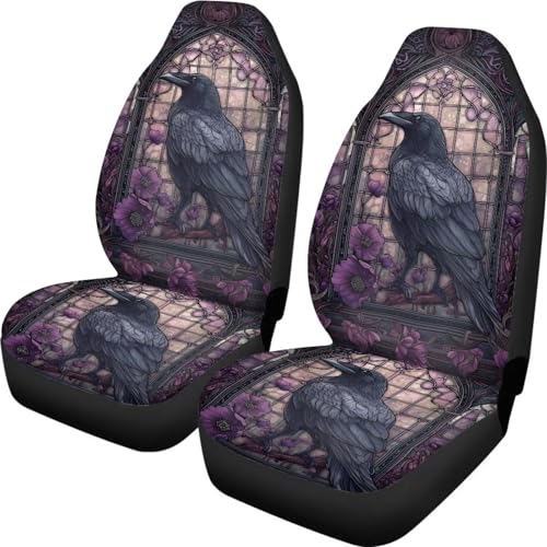 Raven Crow Flower Stained Glass Print Car Seat Covers, 2 Pieces Washable Vehicles Front Seat Protectors, Scratch-Resistant Bucket Seat Cover Fits Most Vehicles, Sedans, Trucks, SUVs, Vans - color: Raven Crow Flower Stained Glass