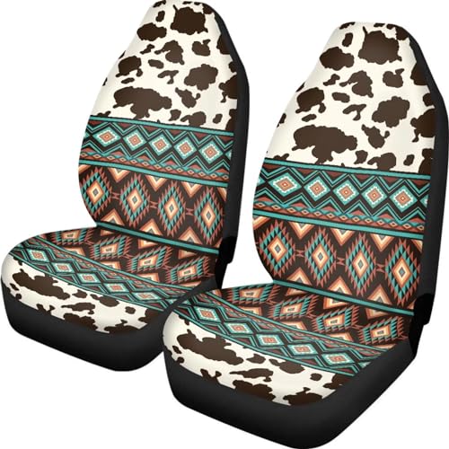 Dreaweet Aztec Seat Covers for Cars SUV Trucks,Brown Cow Print Car Seat Covers Vehicle Seat Protector Set of 2,Cute Cow Print Car Accessories for Women Interior - color: Aztec Cow