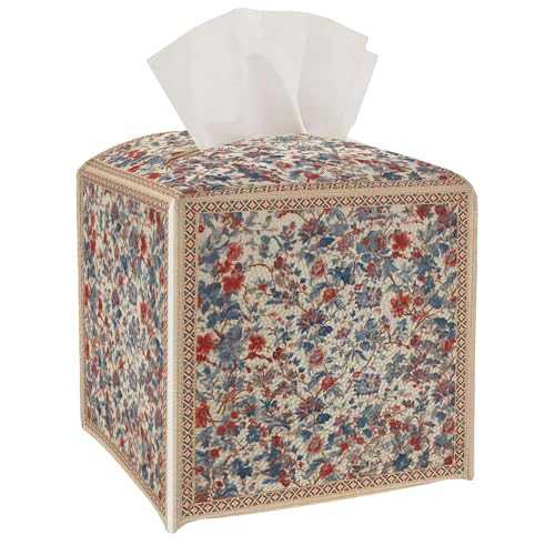 Tissue Box Cover Holder Square - Vintage Boho PU Leather Decorative Organizer, Ethnic Carpet Pattern Design Inspired, with Bottom Belt for Bathroom Car Office Tabletop Home, 5x5 Inch (Red Flower) - color: Red Flower