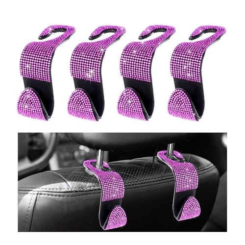 4 PCS Car Seat Headrest Hooks, Bling Crystal Rhinestone Back Seat Hanger Storage Organizer, Sparkly Seatback Holder Hooks for Purse and Bags Universal For Most Vehicles (Pink) - color: Pink