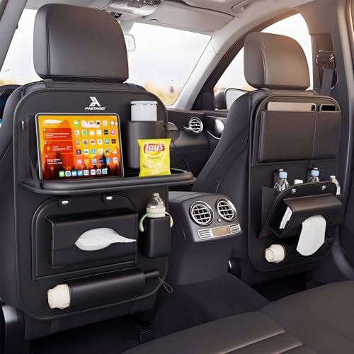 Universal Premium Leather Foldable Car Backseat Organizer with Table Tray, Car Seat Back Protector with Garbage Bag Touch Screen Pad Holder, Car Kick Mats Protector with Tissue Holder (Black) - color: Black, size: 1 Pack