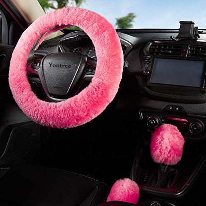 Yontree Fashion Fluffy Steering Wheel Covers for Women/Girls/Ladies Australia Pure Wool 15 Inch1 Set 3 Pcs(Pink) - color: Pink, size: Shearing Wool