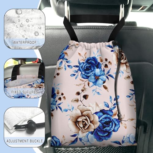 Car Trash Bag Hanging Back of Seat Waterproof Small Cute Printed One-Handed Strap Drawstring Garbage Bags for Car-Blue Rose - color: Blue Rose Car Trash Bag