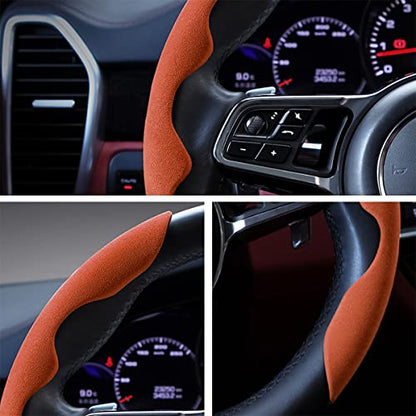 Car Steering Wheel Cover, Microfiber Suede Leather and Carbon Fiber Double Sided Design, Warm in Winter and Cool in Summer, Breathable Non Slip Segmented Protector for Most Cars (Turn Fur/Brown) - color: Turn Fur/Brown