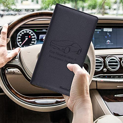 Car Insurance and Registration Holder, 9.5 x 5 Inch PU Leather Vehicle Glove Box Organizer Wallet Case for Insurance Card, Driver License, Paperwork - Black - color: Black