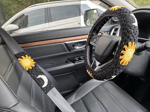 Handmade Crochet Sun Moon Car Steering Wheel Covers Universal 14-15 inch,Cute Steering Wheel Cover,Car Accessories (Black Wheel Cover+2 Belt Cover) - color: Black Wheel Cover+2 Belt Cover