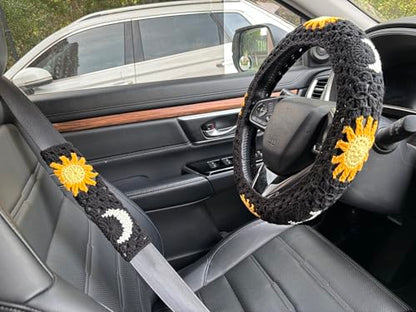 Handmade Crochet Sun Moon Car Steering Wheel Covers Universal 14-15 inch,Cute Steering Wheel Cover,Car Accessories (Black Wheel Cover+2 Belt Cover) - color: Black Wheel Cover+2 Belt Cover