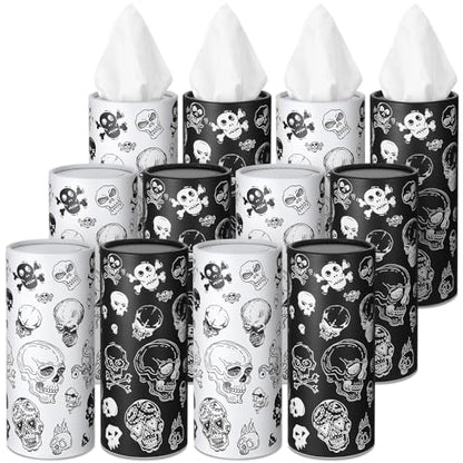 Fourluoo 12 Pack Skull Cylinder Tissues for Car Bulk Gothic Skeleton Round Cylinder Holder with 3 Ply Facial Tissues for Travel Home Bathroom Office Accessories - style: Skeleton