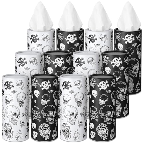 Fourluoo 12 Pack Skull Cylinder Tissues for Car Bulk Gothic Skeleton Round Cylinder Holder with 3 Ply Facial Tissues for Travel Home Bathroom Office Accessories - style: Skeleton
