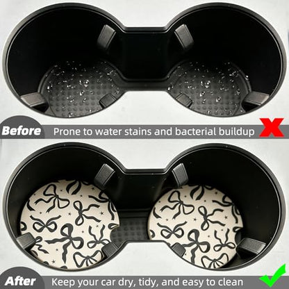 4Packs Car Coasters for Cup Holders，2.6 Inch Absorbent Ceramic Coasters with A Finger Notch Universal Anti Slip Auto Cup Holder Coasters Cute Car Accessories for Women Girls (Bow, Pink and Black)