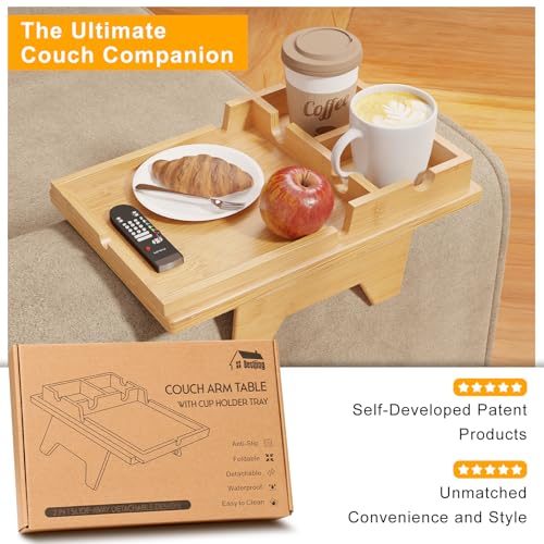 Bamboo Couch Cup Holder Tray - 2 in 1 Couch Armrest Table with Be Slide-Away Detachable Double Holder - Sofa Armchair Caddy for Drinking Snacks iPad TV Remote - color: Bamboo, size: 13.8" x 9.5" x 2.4"