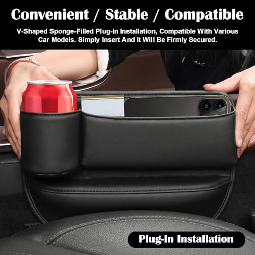2PCS Car Seat Gap Filler Organizer, Gap Filler with Cup Holder and Storage for Cars, PU Leather Front Seat Side Organizer for Keys Cards Phone Sunglasses and Small Items(Black)