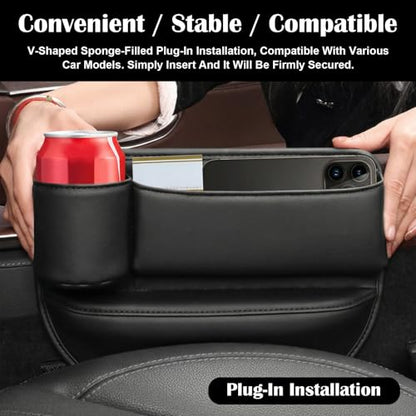 2PCS Car Seat Gap Filler Organizer, Gap Filler with Cup Holder and Storage for Cars, PU Leather Front Seat Side Organizer for Keys Cards Phone Sunglasses and Small Items(Black)