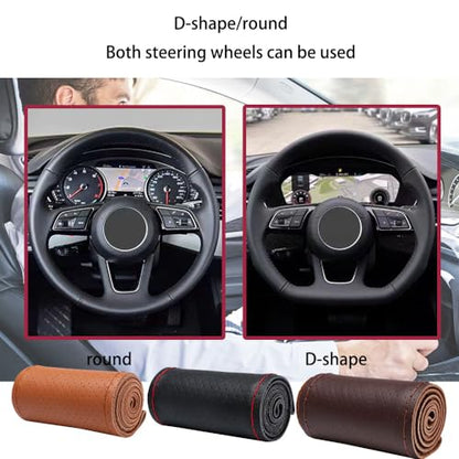 Car Steering Wheel Cover Universal Fit Round Stitch Steering Wheel Wrap Thin PU Leather Steering Wheel Cover Sewn on 15" Car Wheel (Coffee)