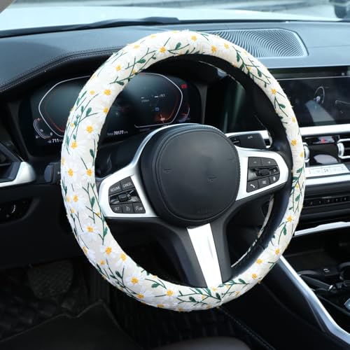 Embroidered Flowers White Cute Daisy Steering Wheel Cover Auto Anti-Slip Breathable Rubber Steering Wheel Protector,Floral Car Accessories for Women,Universal Size Fit Most Cars -15 inch - color: Daisy White Rubber