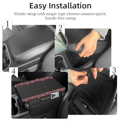 NBTEPEM Bling Car Center Console Cover, Leather Car Arm Rest Cover Cushion with 2 Storage Bags, Universal Automotive Armrest Protector Storage Box, Bling Accessories Interior for Most Vehicles (Red)