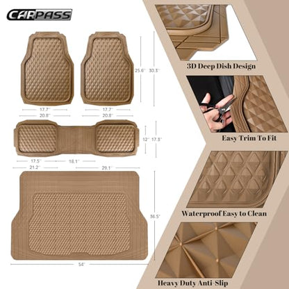 CAR PASS Heavy Duty Rubber Beige Car Floor Mats & Cargo Liners, Deep Dish All-Weather Trunk Mats Durable Anti-Slip 3D Rhombus Waterproof Trim to Fit Liner Universal Fit Auto,Sedan,SUV,Truck, Beige - color: beige with cargo liner
