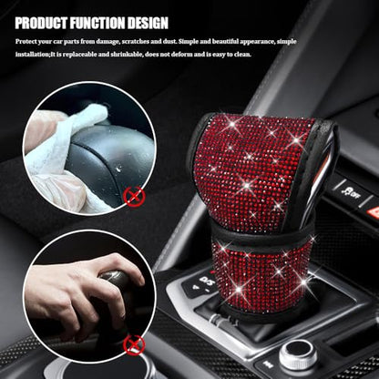 Bling Auto Gear Shift Knob Cover, Car Shifter Cover, Sparkly Crystal Rhinestones Gear Shift Knob Cover for Women Girls, PU Leather Shift Gear Cover with Bling Accessories Fit Cars (Red) - color: Red