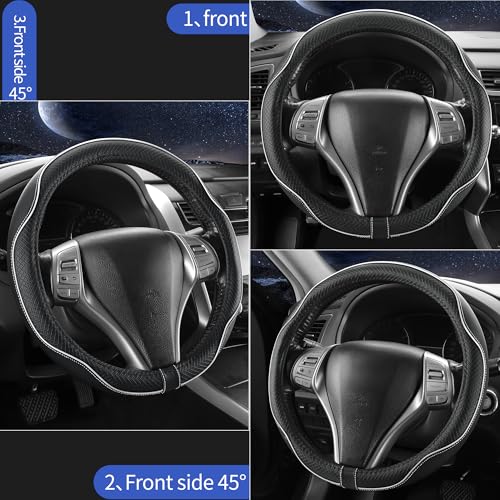 Leather Car Steering Wheel Cover,Anti-Slip, Safety,Soft,Breathable,Heavy Duty,Thick,Full Surround, Sports Style,Universal Car Accessories for Women Men Fit 14" 1/2-15"(Black with White line) - color: Black White Line