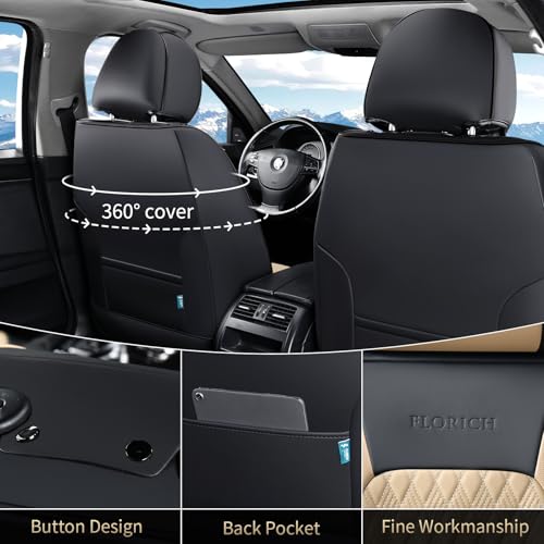 Seat Covers, Car Seat Covers Front Seats, Luxury Nappa Leather Seat Covers, Breathable and Waterproof Car Seat Protector 2 Seat, Automotive Seat Covers Universal for Most Cars-Black&Beige