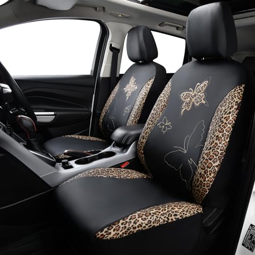 Flying Banner Butterfly car seat Covers ful Set Fashion Universal Lady Woman Female Rear Bench Split Colorized (Full Set - Faux Leather, Leopard Brown) - color: Leopard Brown Faux Leather, size: Full set