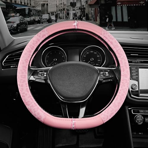 Road Comforts Leopard Steering Wheel Cover for Women, Cute Anti-Slip Microfiber Leather, Fits D Shape Flat Bottom Steering Wheel 14.5-15 Inch - Pink and Pink Leapoard - color: D Shape-All Pink