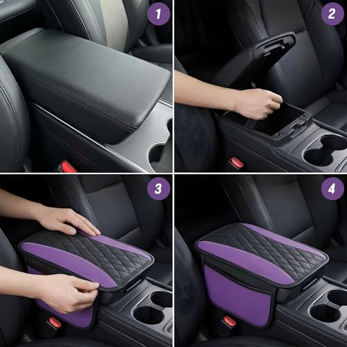 Car Console Covers, Purple Cars Arm Rest Cover Accessories for Women Universal PU Leather Car Armrest Cushion with 2 Storage Pocket for Cars Seats Organizer