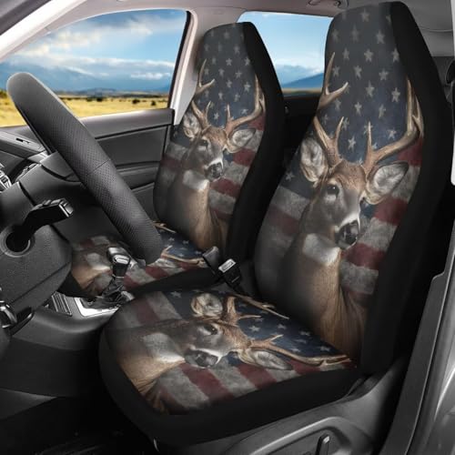 Deer American Flag Print Car Seat Covers, 2 Pieces Washable Vehicles Front Seat Protectors, Scratch-Resistant Bucket Seat Cover Fits Most Vehicles, Cars, Sedans, Trucks, SUVs, Vans - color: Deer American Flag 4