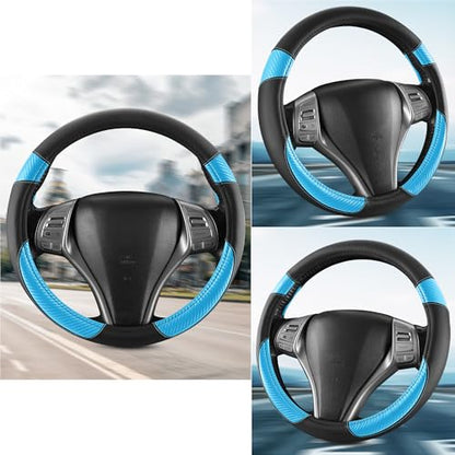 Non-Slip Car Nappa Leather Steering Wheel Cover,Universal Car Accessories Women Men Fit 14" 1/2-15" Suvs/Vans/Sedans/Cars/Trucks,Light Blue - color: Black Light Blue