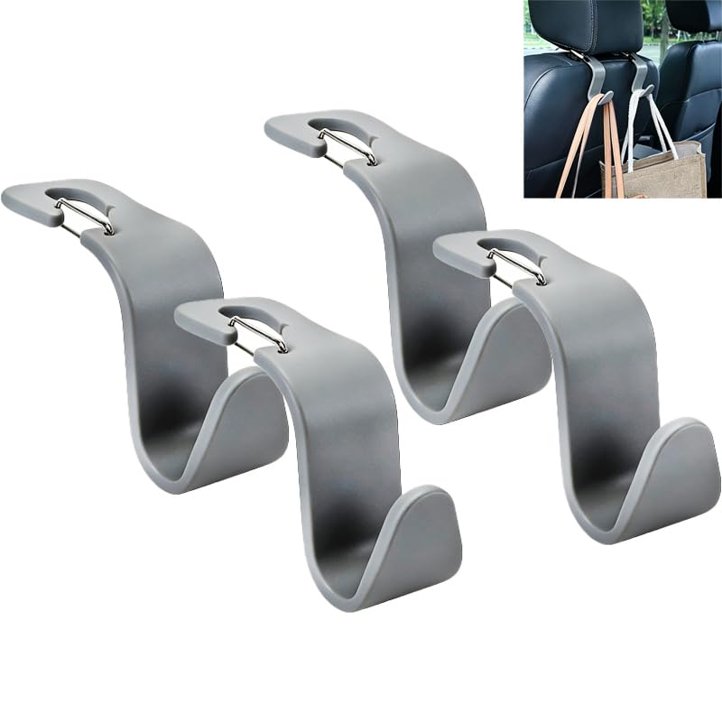 4-Pack 360° Rotating Car Seat Headrest Hook 4 Pack Hanger Universal Vehicle Car Storage Organizer for Handbag Purse Coat with Clip Gray - color: Gray