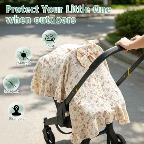 Muslin Baby Car Seat Cover, Handmade Infant Car Seat Cover with Cute Bow & Ruffle Hem Design, Multi-Use Carseat Canopy for Privacy Nursing, Summer Baby Carrier Cover Stroller Sun Protector - color: Flower